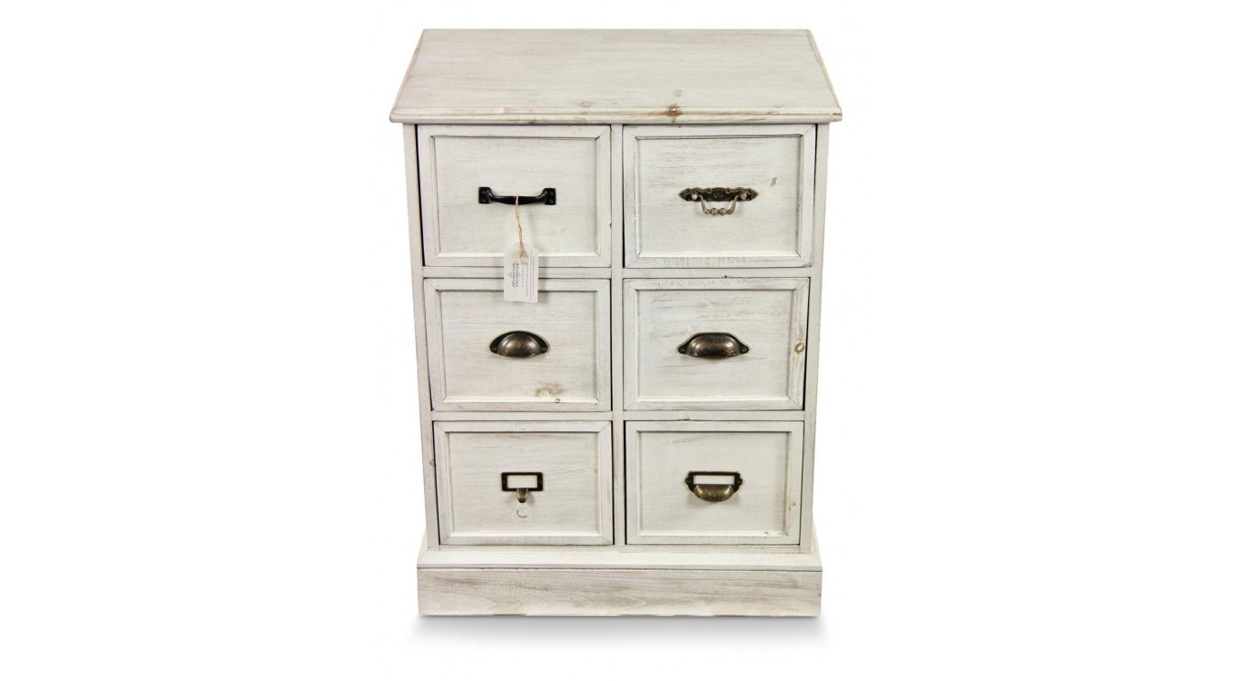 Meuble Semainier Chiffonnier Grainetier Bois 6 Tiroirs Cerusé Blanc 58x40.5x76cm
