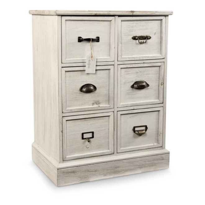 Meuble Semainier Chiffonnier Grainetier Bois 6 Tiroirs Cerusé Blanc 58x40.5x76cm