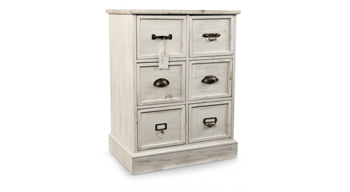 Meuble Semainier Chiffonnier Grainetier Bois 6 Tiroirs Cerusé Blanc 58x40.5x76cm