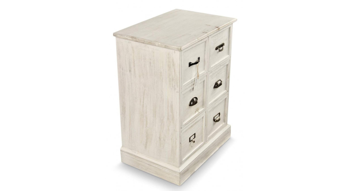 Meuble Semainier Chiffonnier Grainetier Bois 6 Tiroirs Cerusé Blanc 58x40.5x76cm