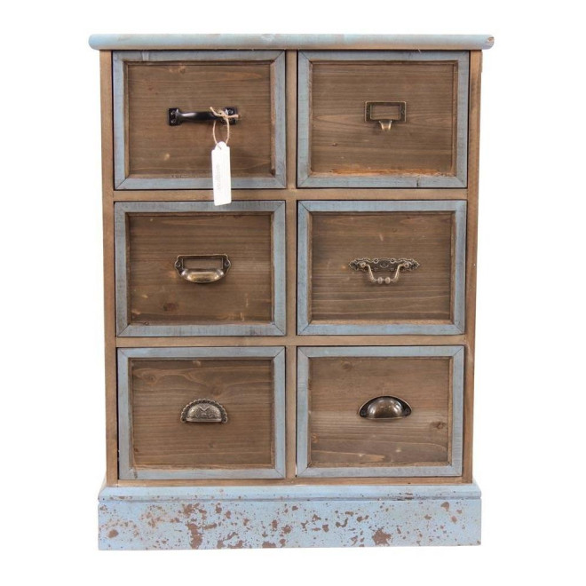 Meuble Semainier Chiffonnier Grainetier Bois 6 Tiroirs Bleu Vieilli 58x40.5x76cm
