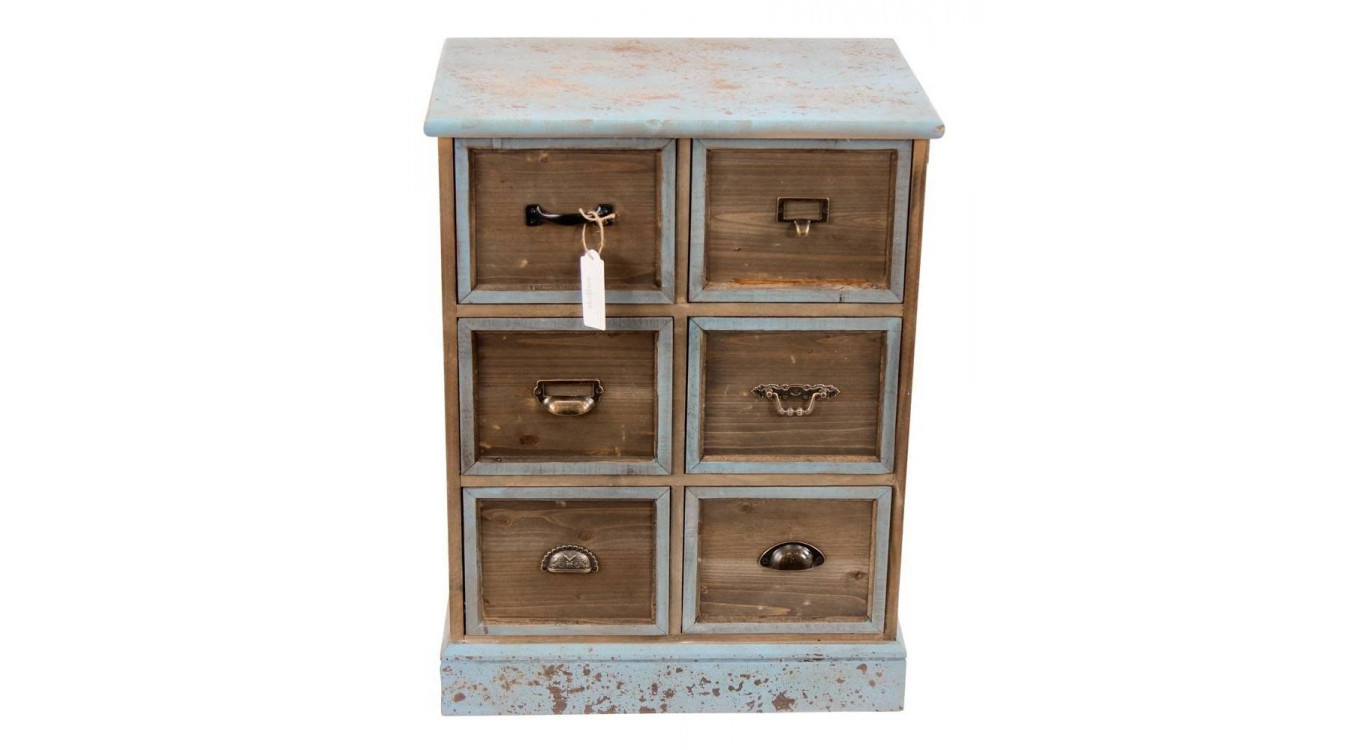 Meuble Semainier Chiffonnier Grainetier Bois 6 Tiroirs Bleu Vieilli 58x40.5x76cm