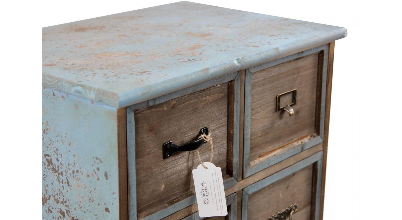 Meuble Semainier Chiffonnier Grainetier Bois 6 Tiroirs Bleu Vieilli 58x40.5x76cm