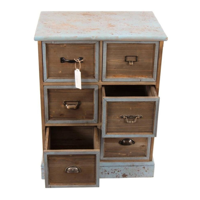 Meuble Semainier Chiffonnier Grainetier Bois 6 Tiroirs Bleu Vieilli 58x40.5x76cm