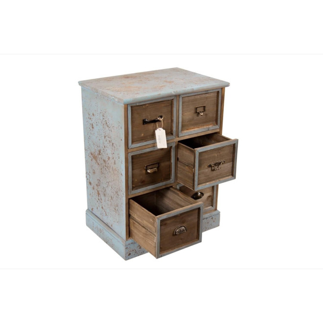 Meuble Semainier Chiffonnier Grainetier Bois 6 Tiroirs Bleu Vieilli 58x40.5x76cm