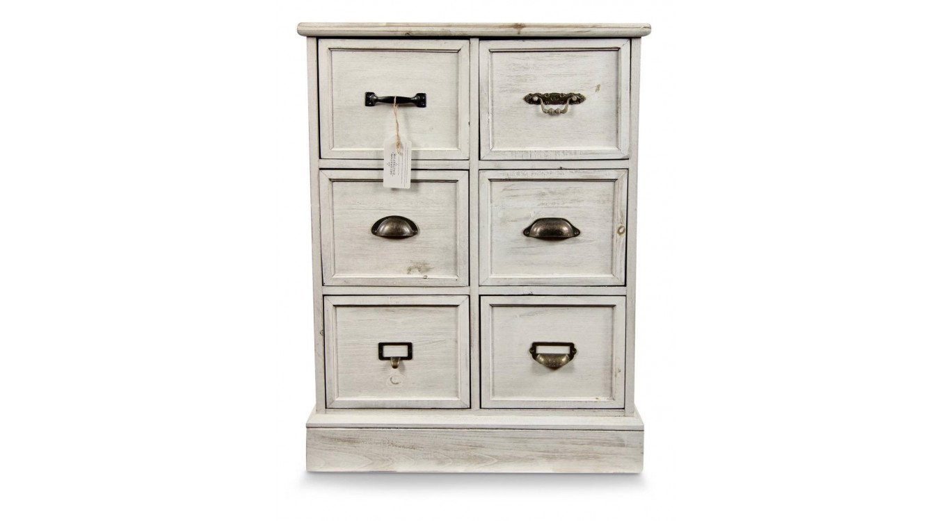 Meuble Semainier Chiffonnier Grainetier Bois 6 Tiroirs Cerusé Blanc 58x40.5x76cm