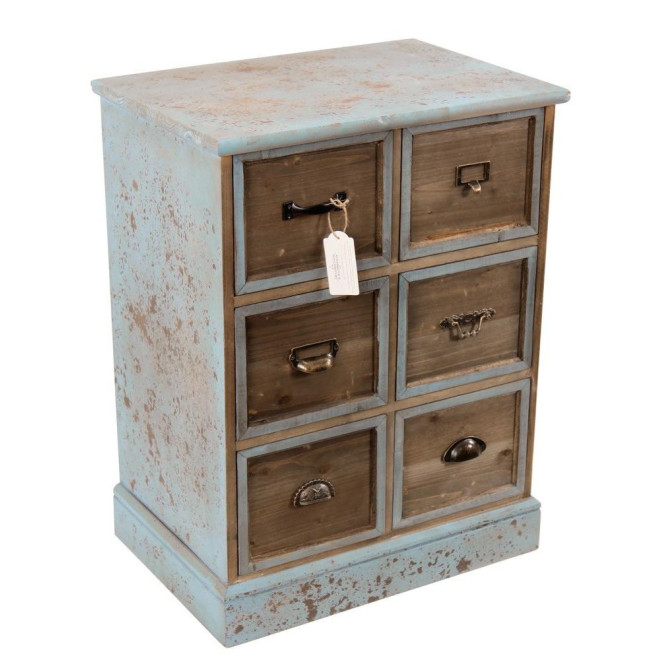 Meuble Semainier Chiffonnier Grainetier Bois 6 Tiroirs Bleu Vieilli 58x40.5x76cm