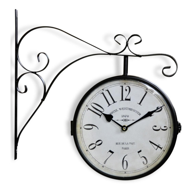 Alte Bahnhofsuhr mit doppeltem Gesicht Hotel Westminster Schmiedeeisen Weiß 24cm