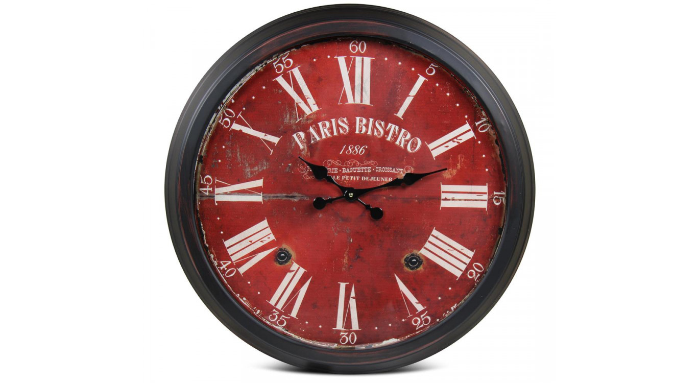 Grande Horloge Ancienne Murale Paris Bistro Métal Rouge-Bordeaux 70cm