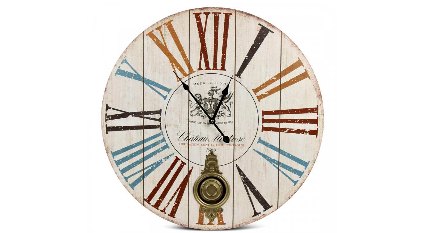 Horloge Ancienne Balancier Château Montrose Bois Blanc 58cm