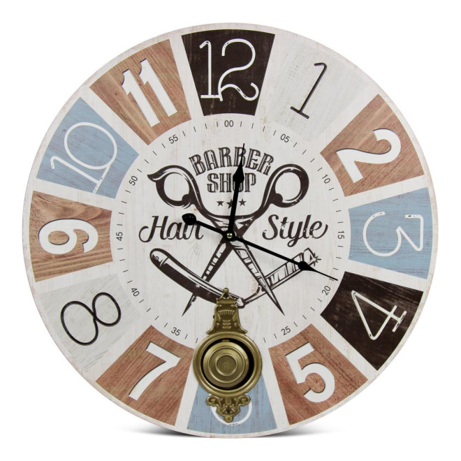 Horloge Ancienne Balancier Barber Shop Hair Style Bois Blanc 58cm