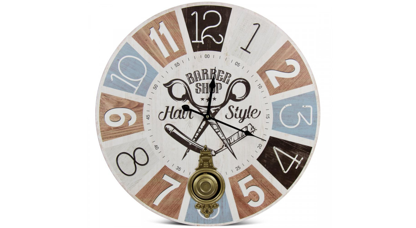 Horloge Ancienne Balancier Barber Shop Hair Style Bois Blanc 58cm
