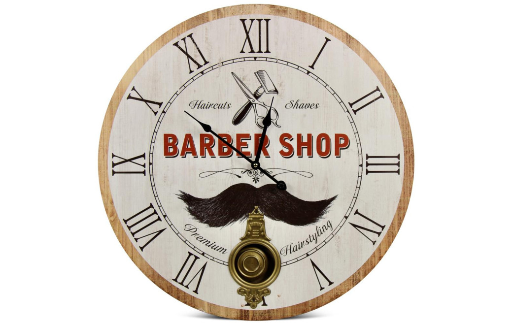 Horloge Ancienne Balancier Barber Shop Bois Blanc 58cm