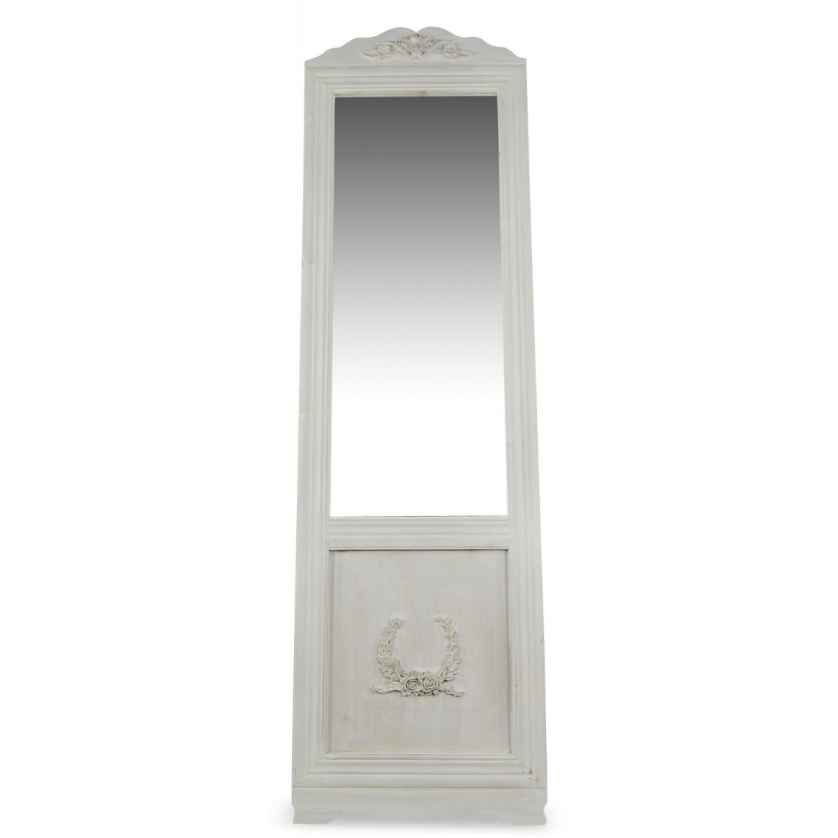 Miroir Ancien Rectangulaire Vertical Sur Pied Bois Blanc Cerusé 177x6.5x51cm