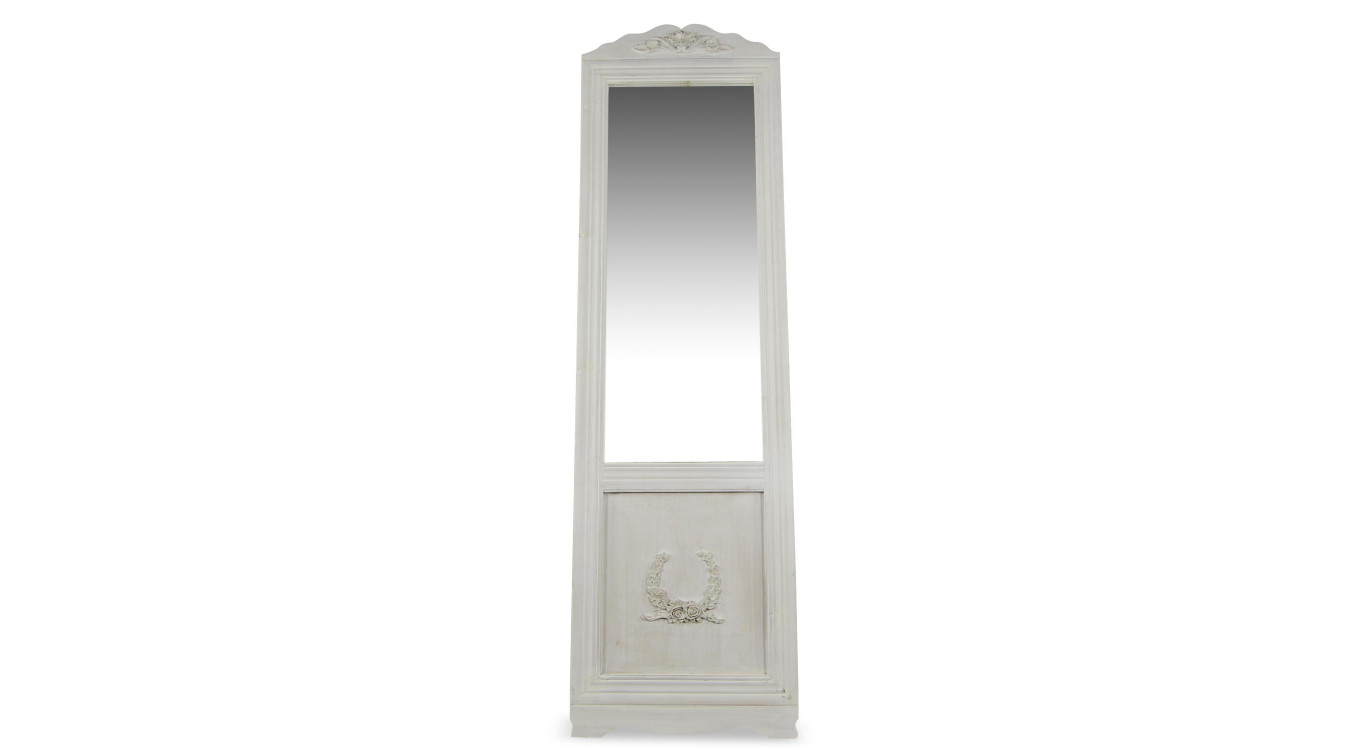 Miroir Ancien Rectangulaire Vertical Sur Pied Bois Blanc Cerusé 177x6.5x51cm