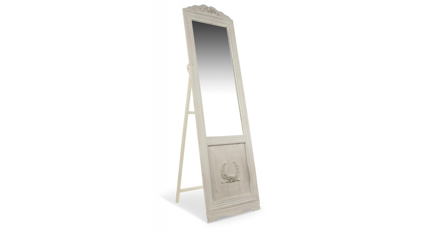 Miroir Ancien Rectangulaire Vertical Sur Pied Bois Blanc Cerusé 177x6.5x51cm