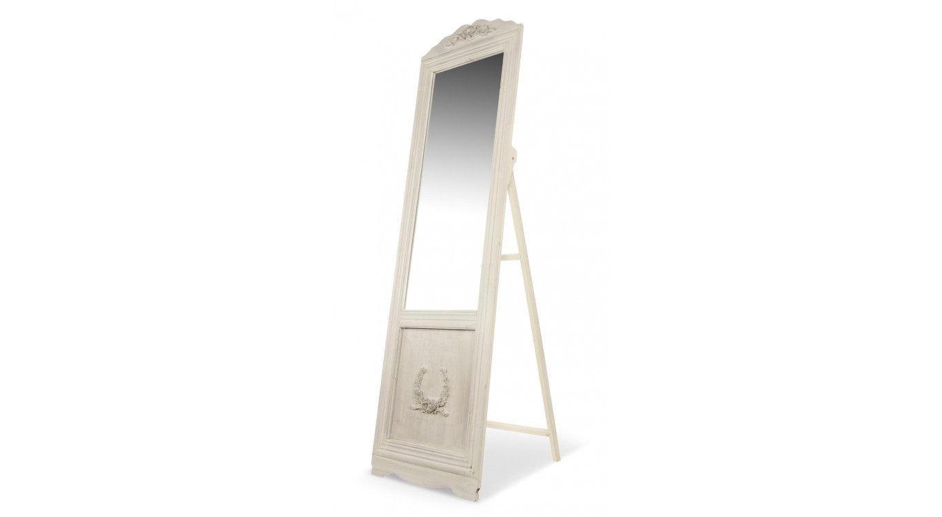 Miroir Ancien Rectangulaire Vertical Sur Pied Bois Blanc Cerusé 177x6.5x51cm
