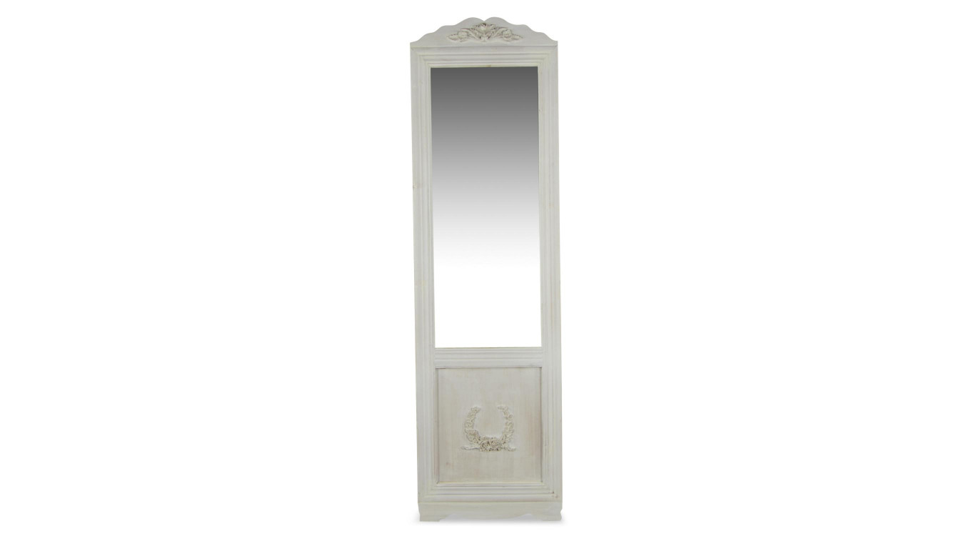 Miroir Ancien Rectangulaire Vertical Sur Pied Bois Blanc Cerusé 177x6.5x51cm