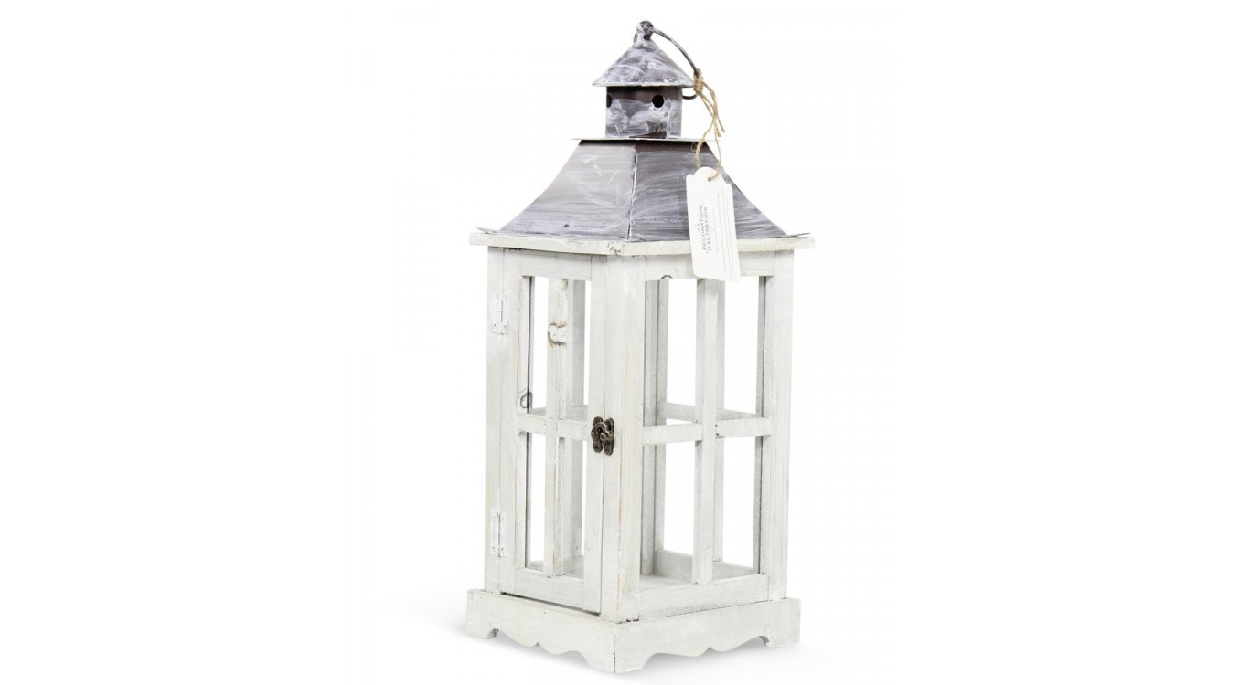 Lanterne Bois Cerusé Blanc 19x19x47cm