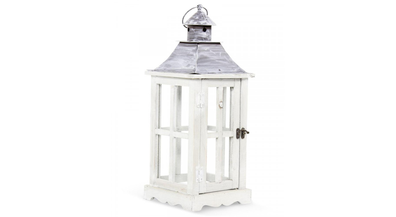 Lanterne Bois Cerusé Blanc 19x19x47cm
