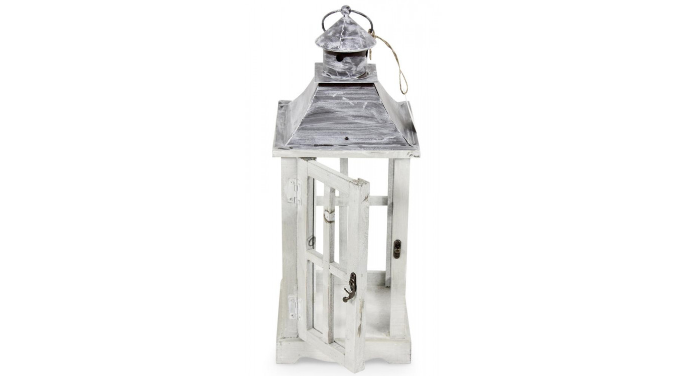 Lanterne Bois Cerusé Blanc 19x19x47cm
