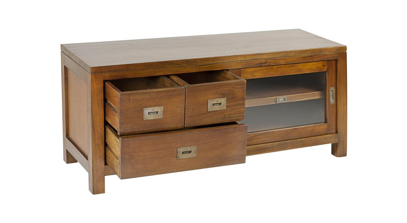 Meuble TV 3 Tiroirs Bois Bronze Marron 115x40x50cm