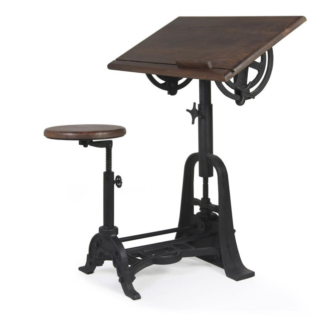 Bureau Et Tabouret Bois Métal Marron 80x70x78cm