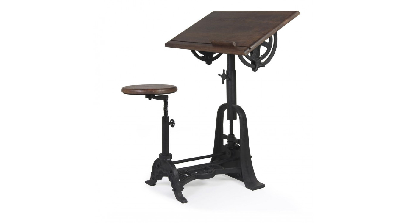 Bureau Et Tabouret Bois Métal Marron 80x70x78cm