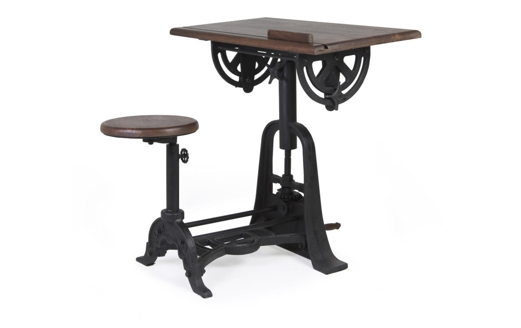 Bureau Et Tabouret Bois Métal Marron 80x70x78cm
