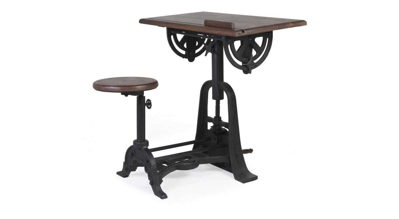 Bureau Et Tabouret Bois Métal Marron 80x70x78cm