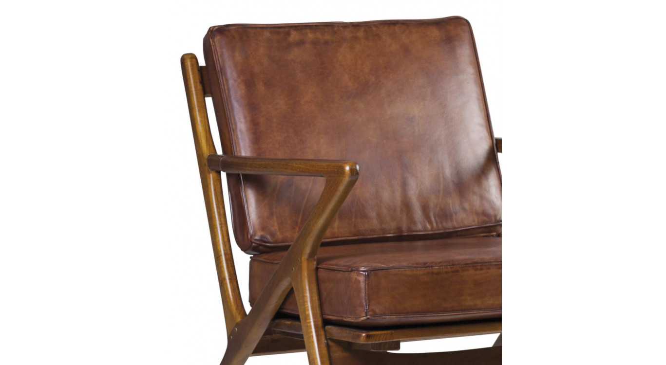 Fauteuil Bois Cuir Marron 65x70x75cm