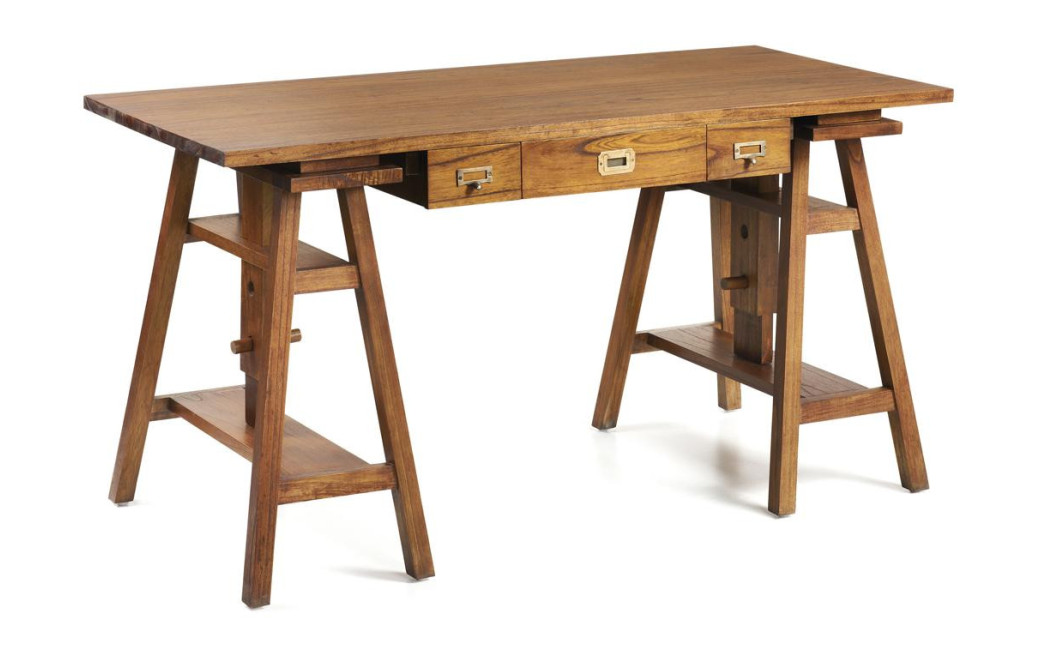Bureau 3 Tiroirs Bois Bronze Marron 152x70x78cm