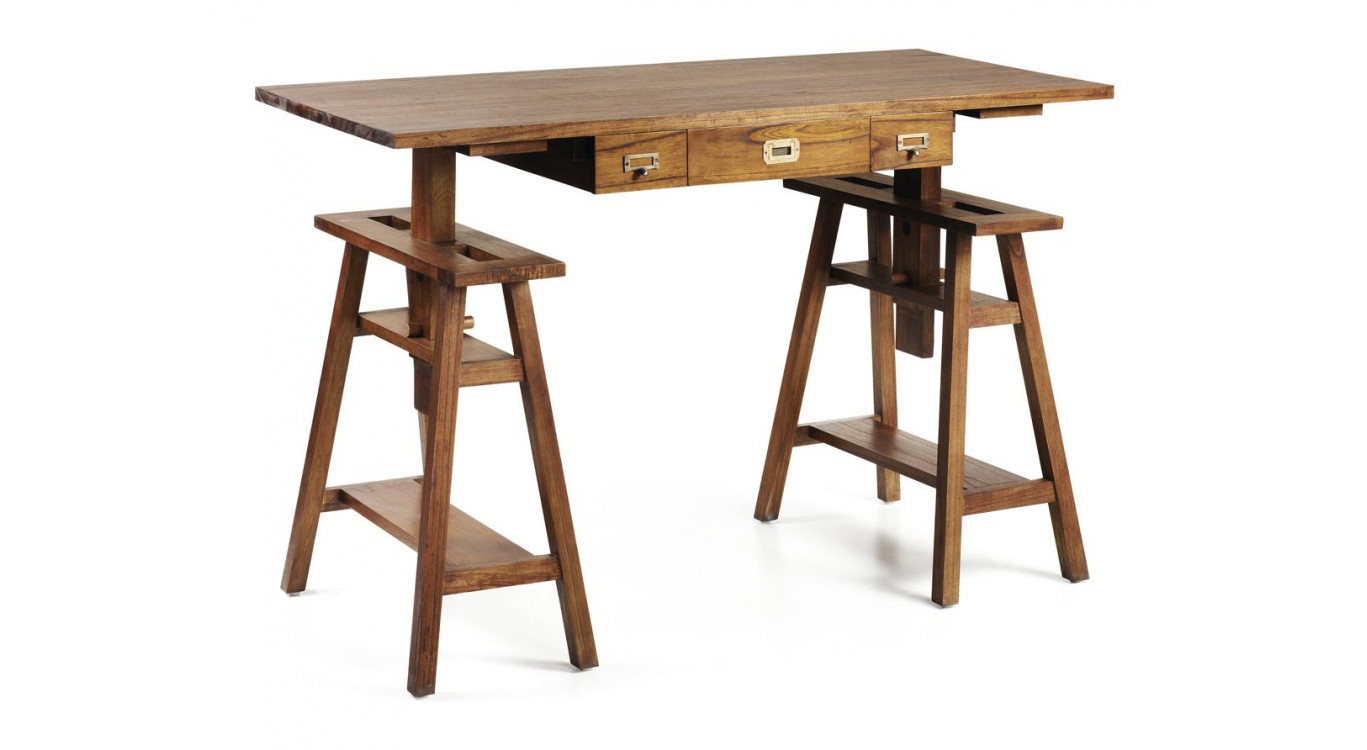 Bureau 3 Tiroirs Bois Bronze Marron 152x70x78cm
