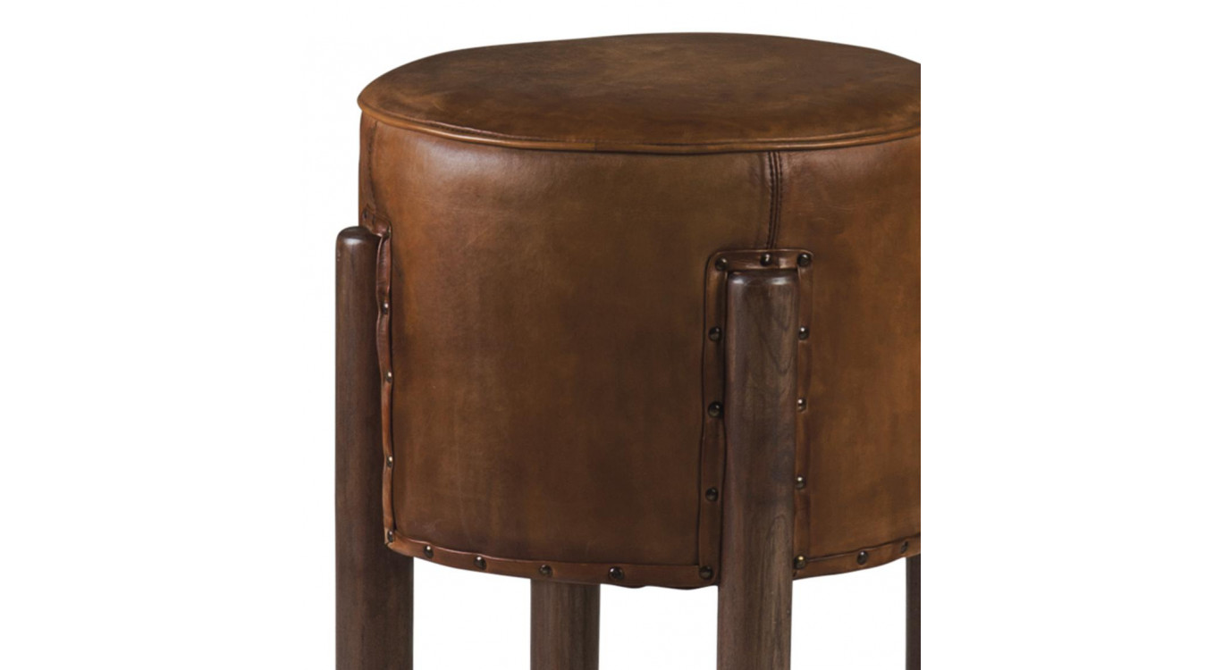 Tabouret Bois Cuir Marron 38x38x50cm