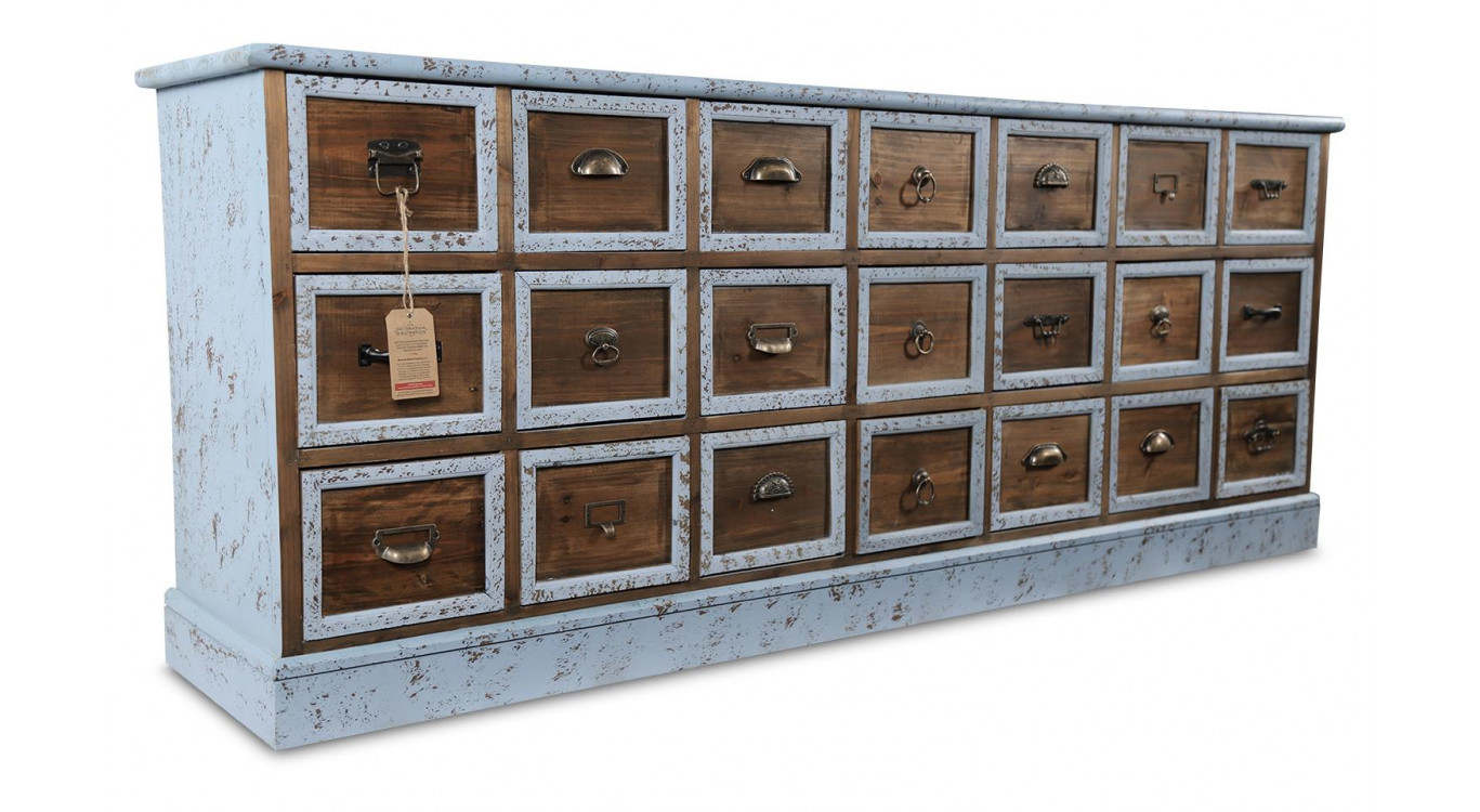 Truhe 21 Schubladen Holz Altblau 192x40.5x76cm