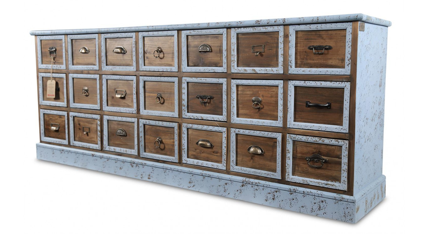 Truhe 21 Schubladen Holz Altblau 192x40.5x76cm