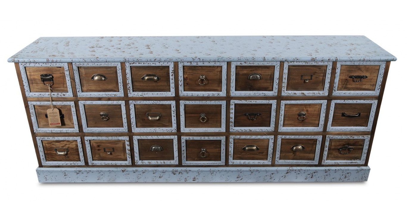 Truhe 21 Schubladen Holz Altblau 192x40.5x76cm