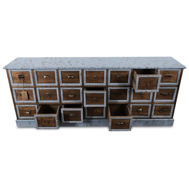 Bahut 21 Tiroirs Bois Bleu Vieilli 192x40.5x76cm