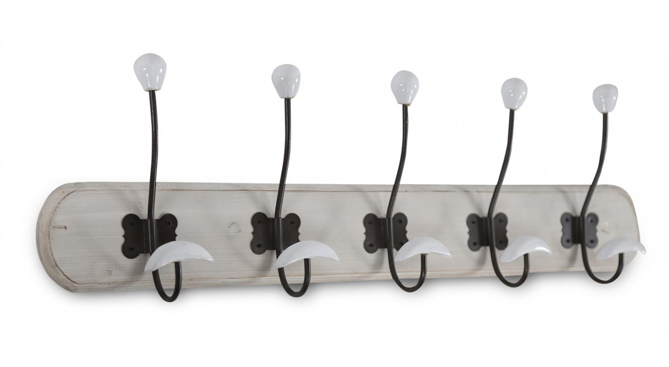 Patère Portemanteau Bois Cerusé Blanc 10 Accroches 70x1.5x9cm