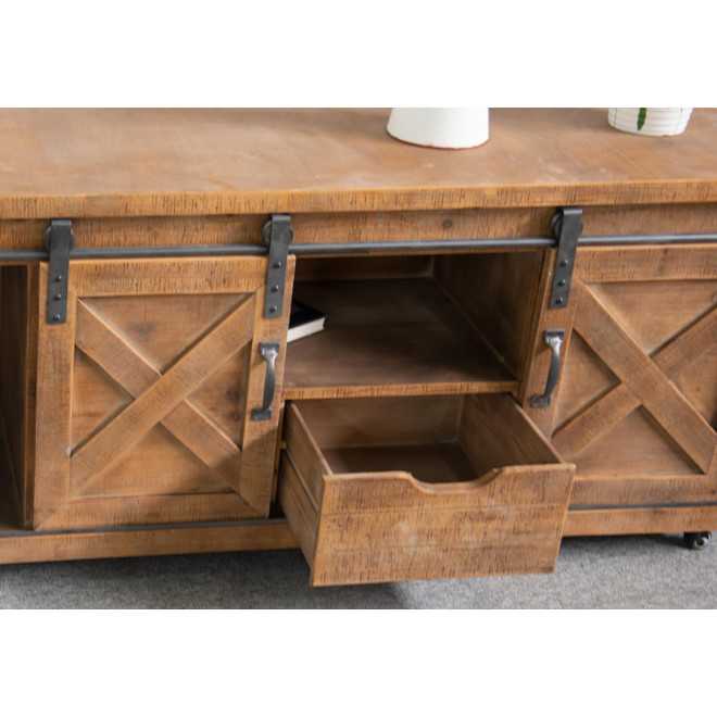 Meuble TV 2 Tiroirs Bois Marron 140x40x60cm