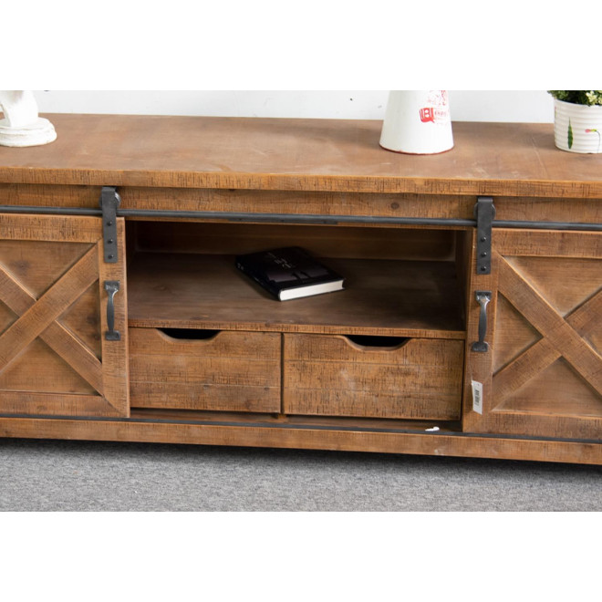 Meuble TV 2 Tiroirs Bois Marron 140x40x60cm
