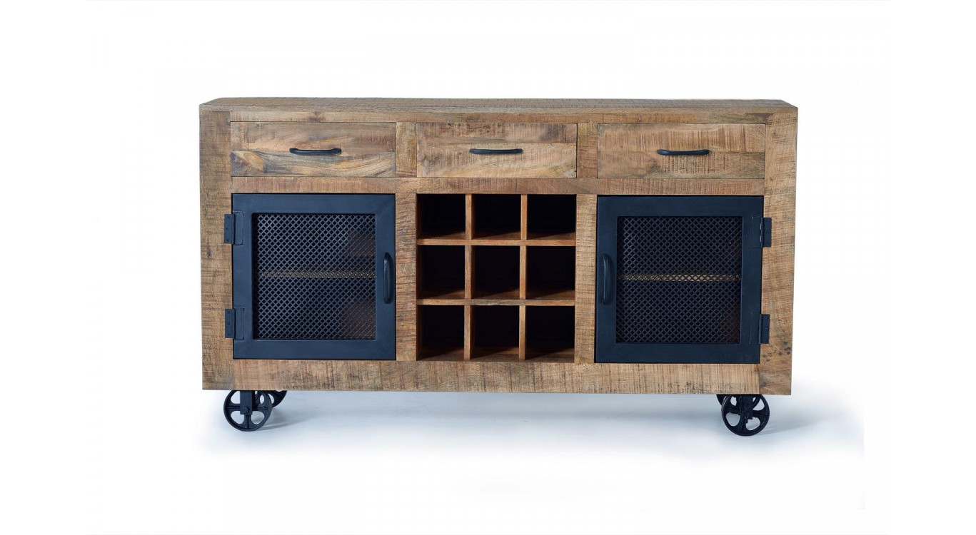 Buffet 3 Tiroirs Bois, Fer Marron 150x38x85cm