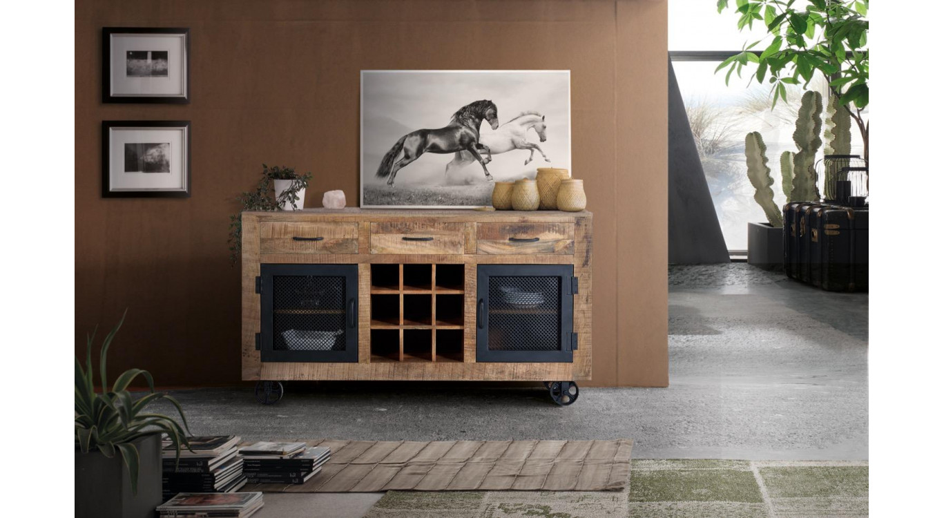Buffet 3 Tiroirs Bois, Fer Marron 150x38x85cm