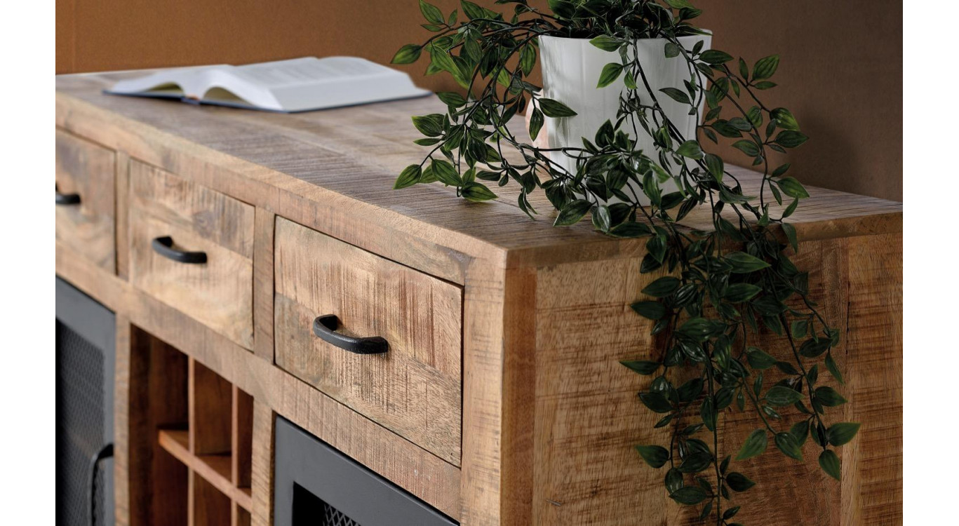 Buffet 3 Tiroirs Bois, Fer Marron 150x38x85cm