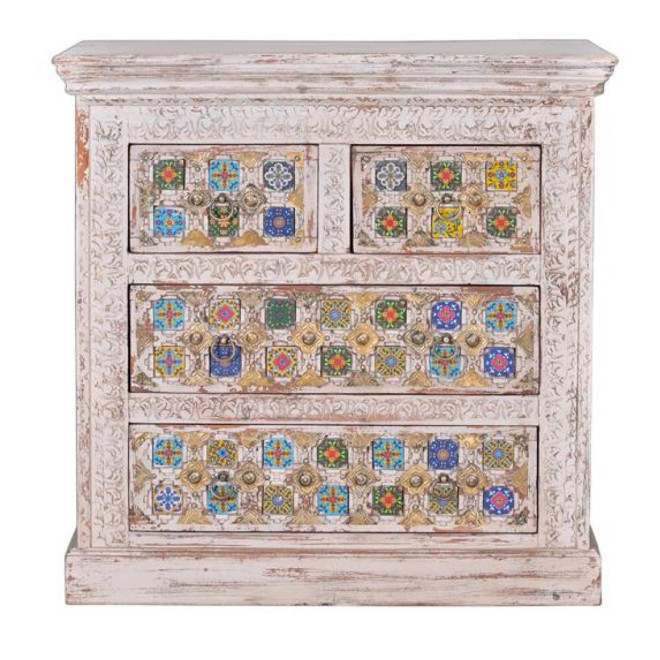 Commode 4 Tiroirs Bois, Bronze Blanc 90x40x90cm