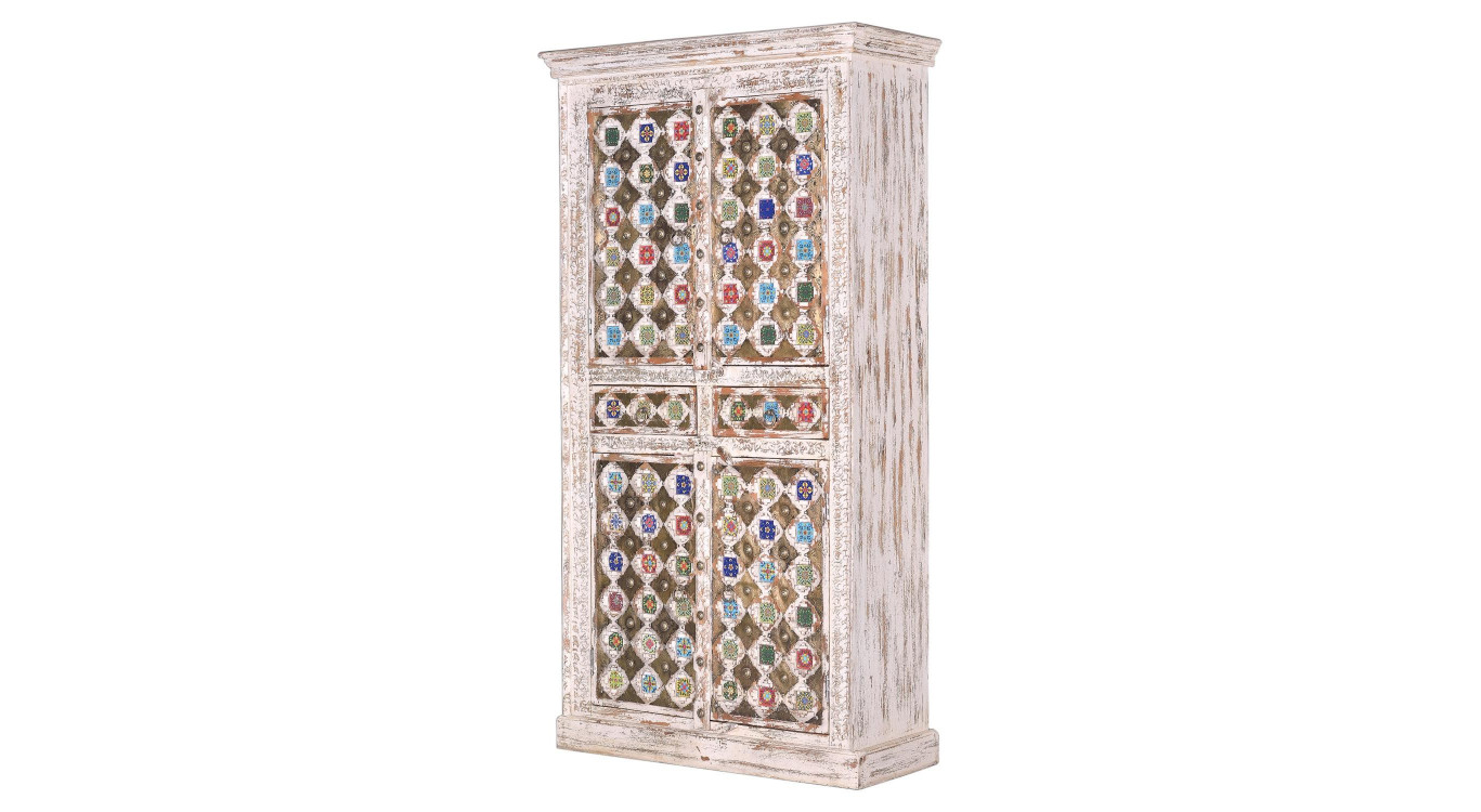 Schrank mit 2 Schubladen Holz, Bronze Weiß 100x40x185cm