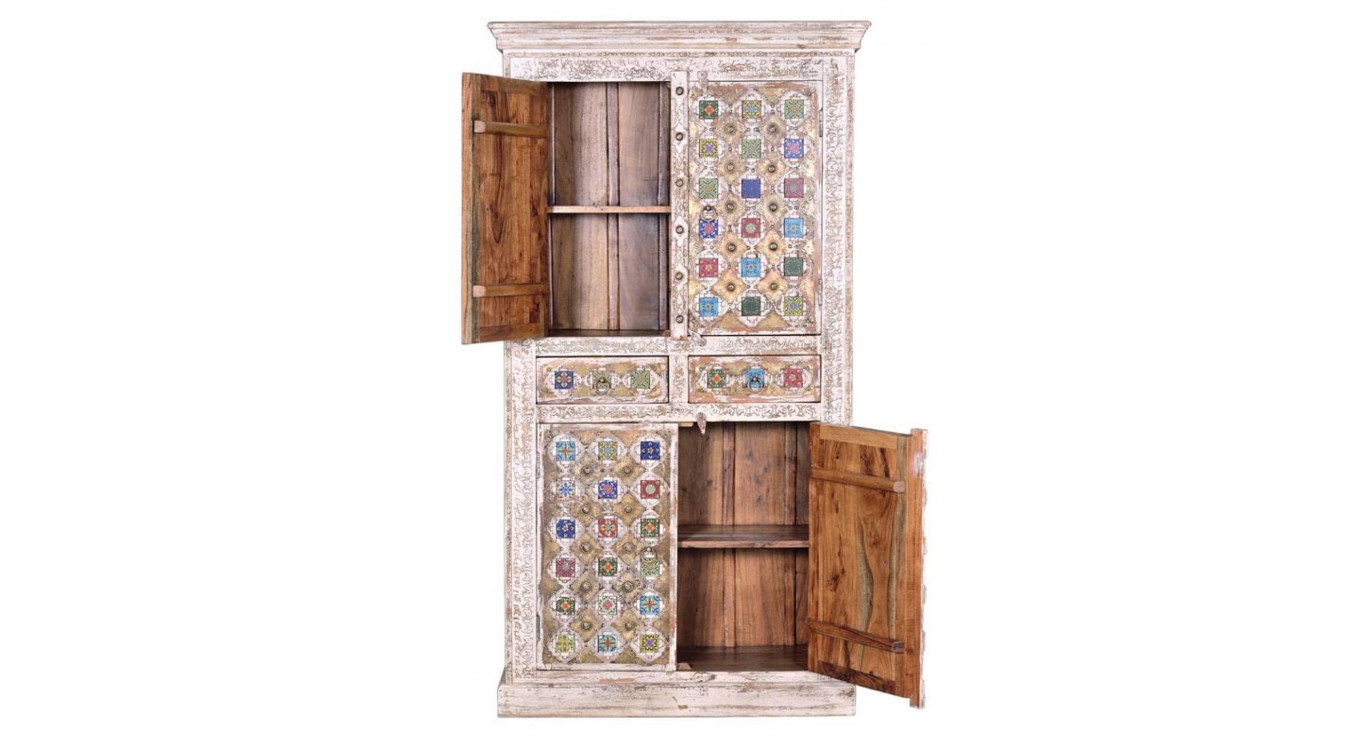 Schrank mit 2 Schubladen Holz, Bronze Weiß 100x40x185cm