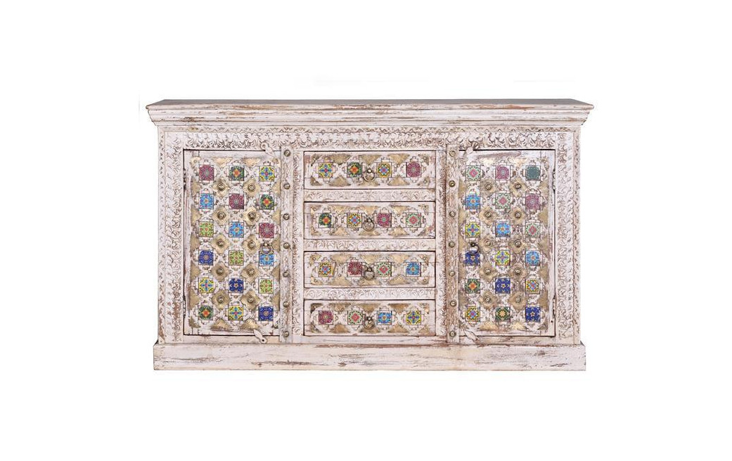 Buffet 4 Tiroirs Bois, Bronze Blanc 150x40x90cm