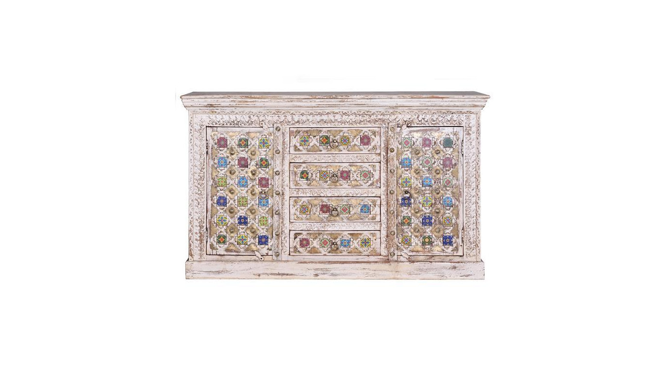 Buffet 4 Tiroirs Bois, Bronze Blanc 150x40x90cm