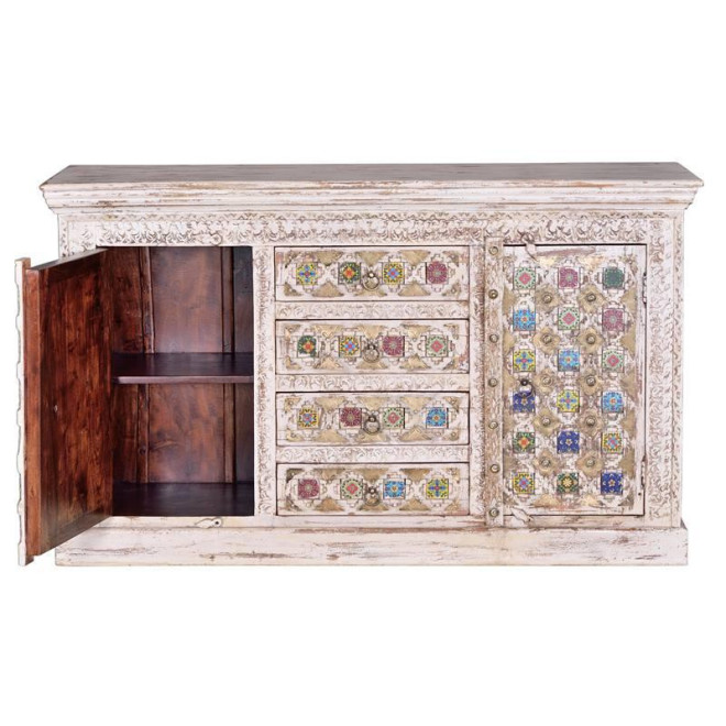 Buffet 4 Tiroirs Bois, Bronze Blanc 150x40x90cm